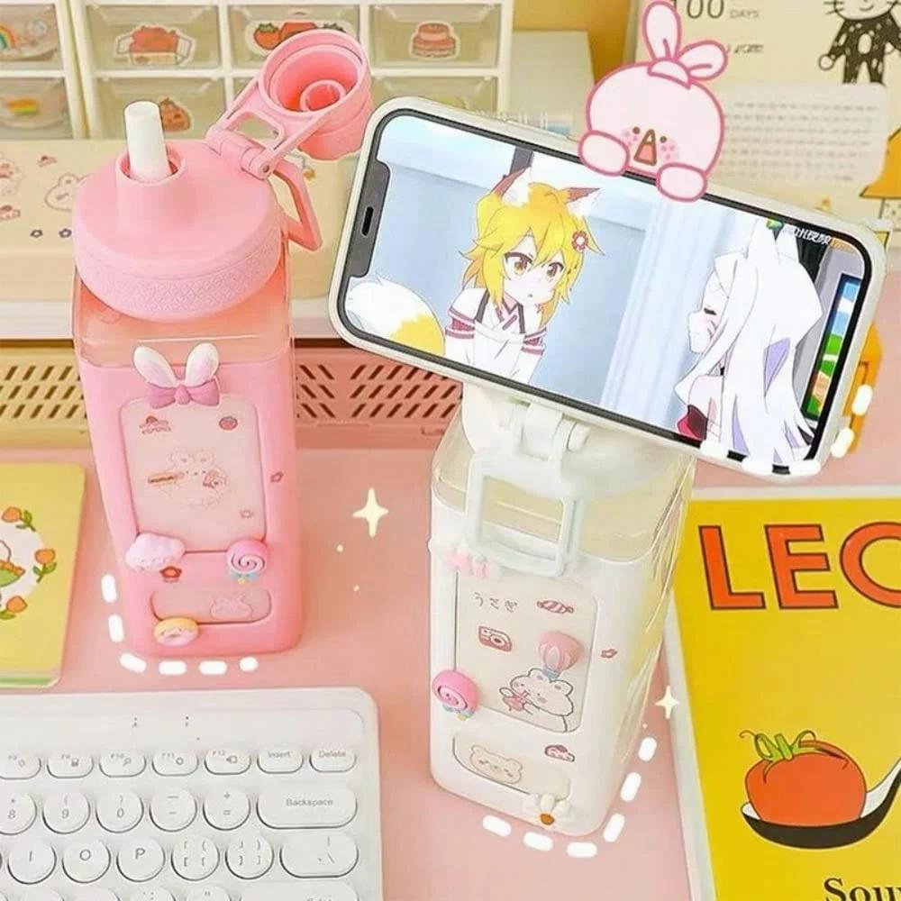 Bouteille d'eau Shaker Kawaii avec autocollant de paille, bouteille de boisson Portable en plastique