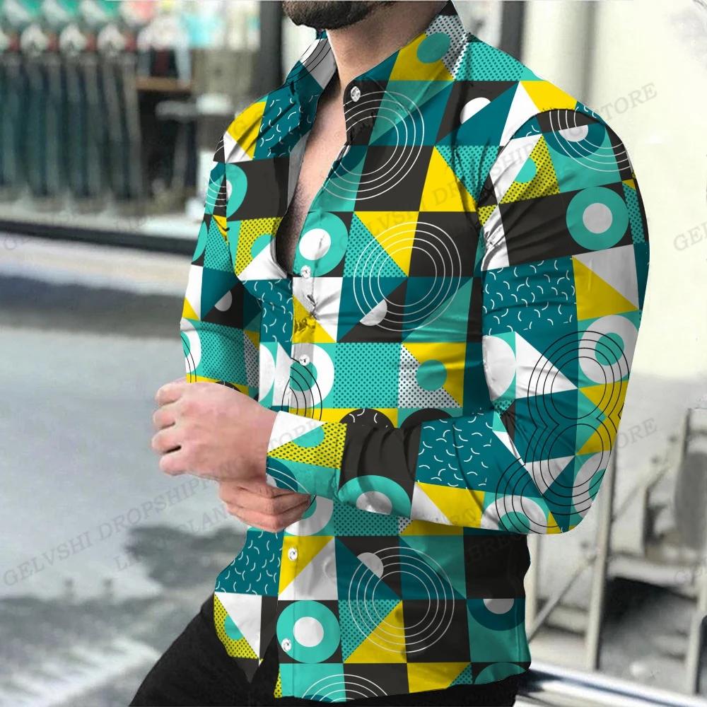 Chemises à thème géométriqueMode pour hommes, chemises décontractées confortables à manches longues,