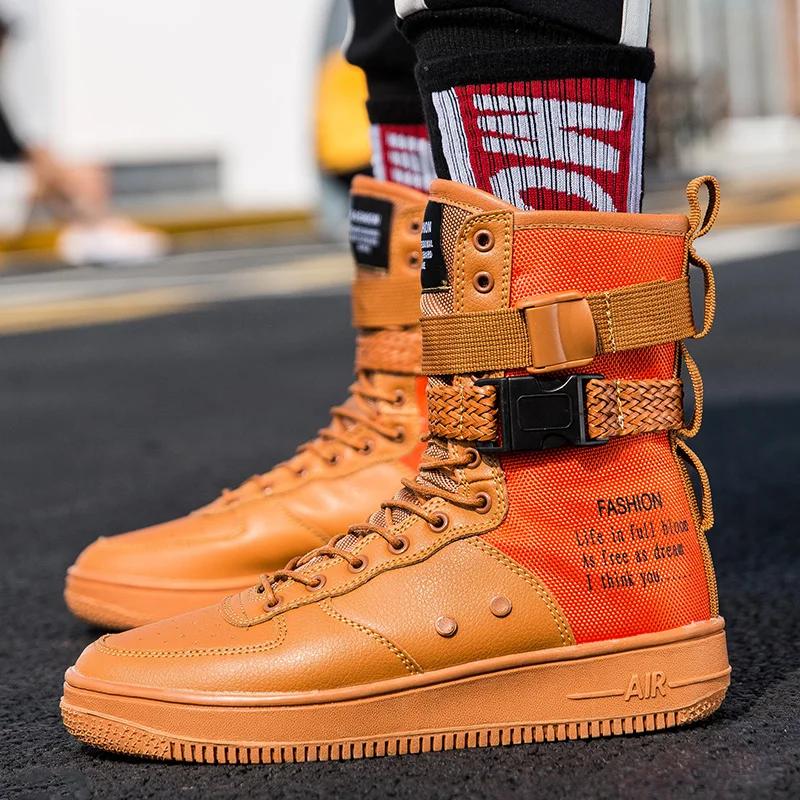 Style Punk Orange bottes hautes Couple Streetwear boucle sangle Designers chaussures hommes chaussur
