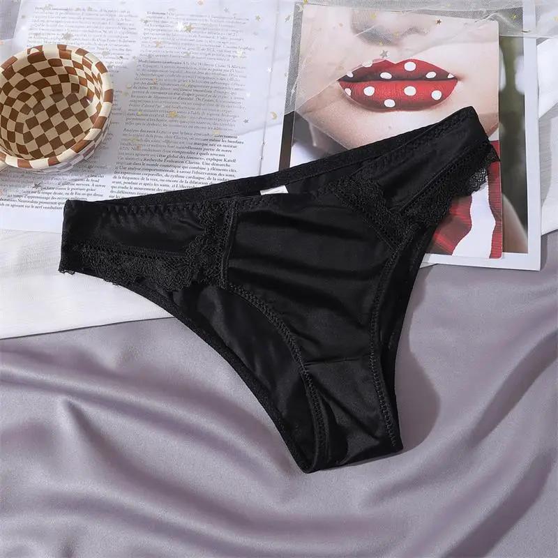 Sous-vêtements pour femmes, culottes en dentelle à taille basse, lingerie sexy en satin de soie, str