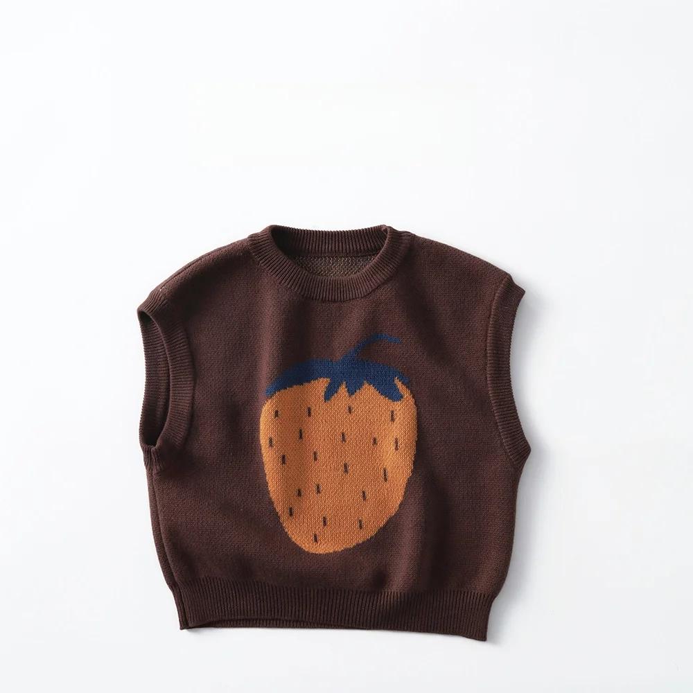 Gilet tricoté marron café pour enfants, pull sans manches à motif de fruits de dessin animé, pour en