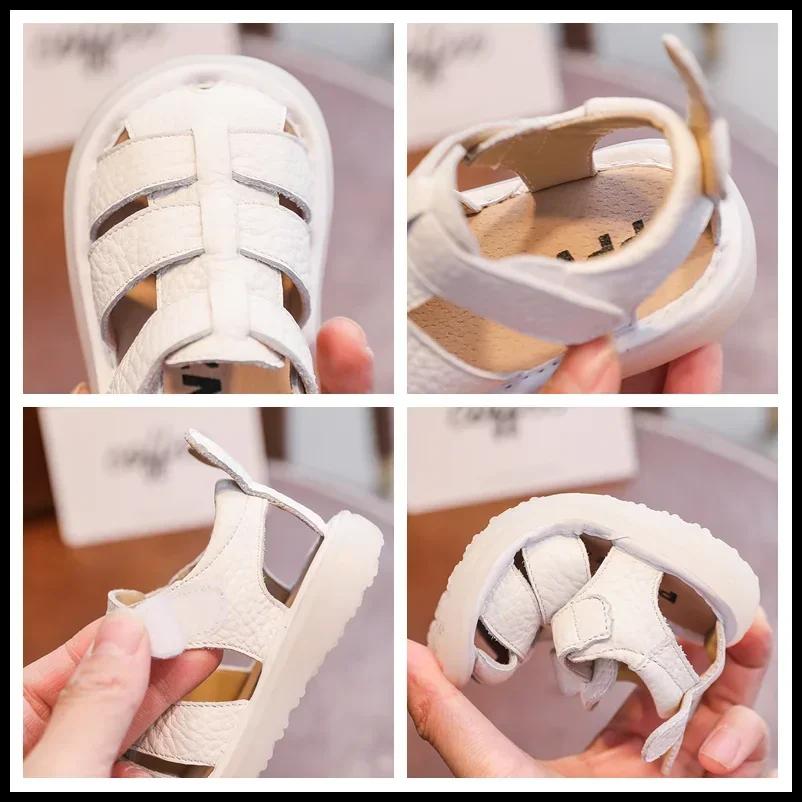 Sandales d'été anti-collision en cuir véritable pour bébé fille et garçon, chaussures de plage soupl