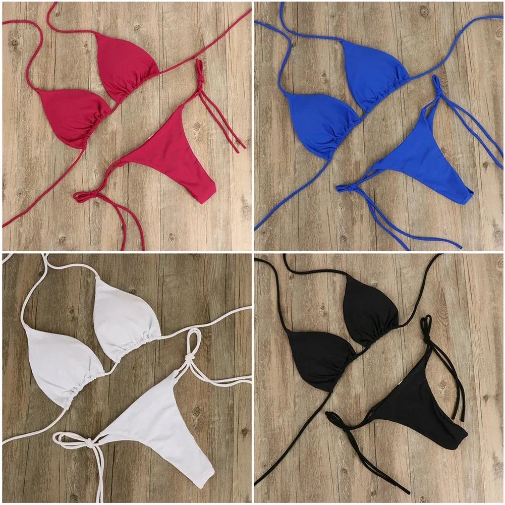 Maillot de bain à lacets pour femmes, couleur unie, Style col suspendu, Triangle réglable, Sexy, pla
