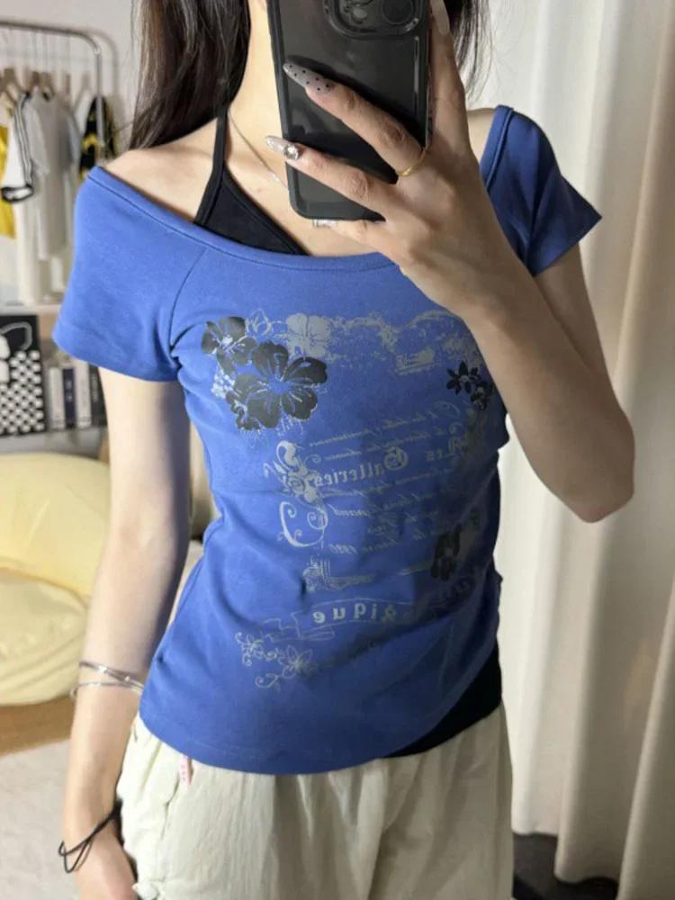 T-shirt Vintage Été 2026 Effet Deux Pièces Halter à Lacets Y2K Coupe Slim Imprimé Femme Épaules Dénu