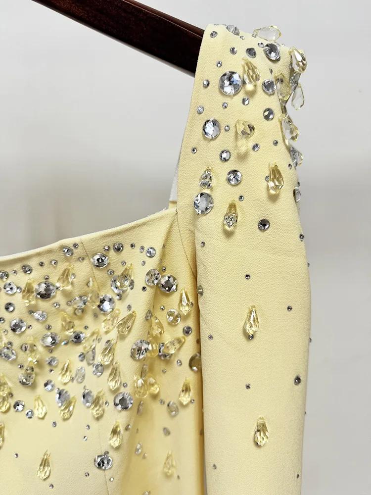 Robe longue maxi pour femme, col carré, perles et diamants, manches longues, nouvelle mode 2026, hau