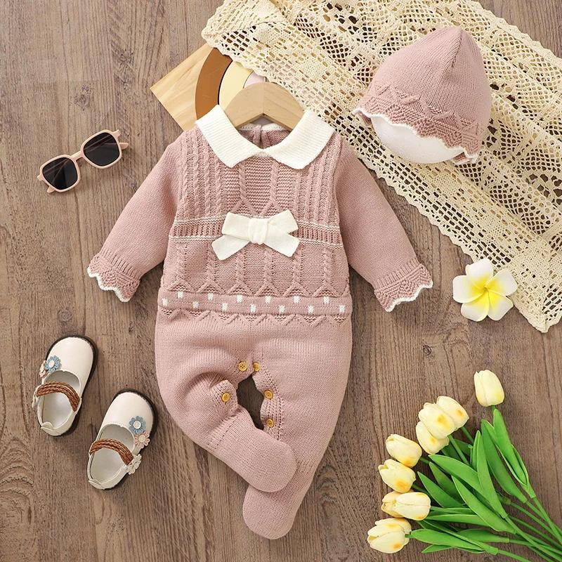 Barboteuse pour bébés filles, chapeaux, vêtements d'automne et d'hiver, rose, manches longues, trico
