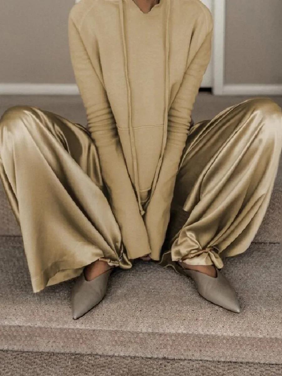 Onecozyday – pantalon taille haute à jambes larges et sweat-shirt à capuche à manches longues, coupe