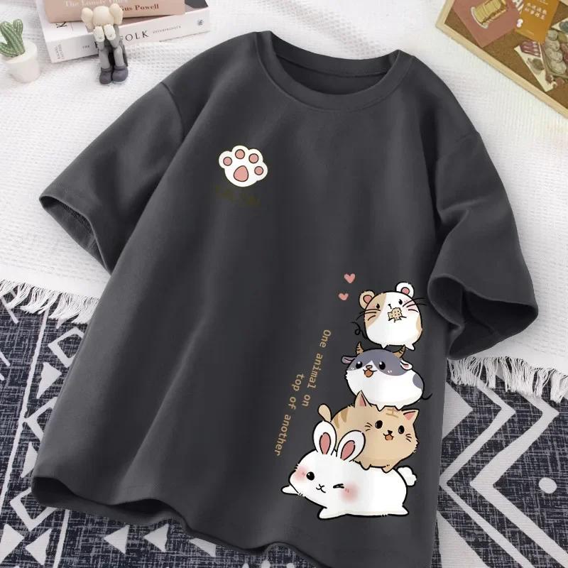 Mode d'été Simple chat impression universelle à manches courtes T-shirt ample décontracté grande tai