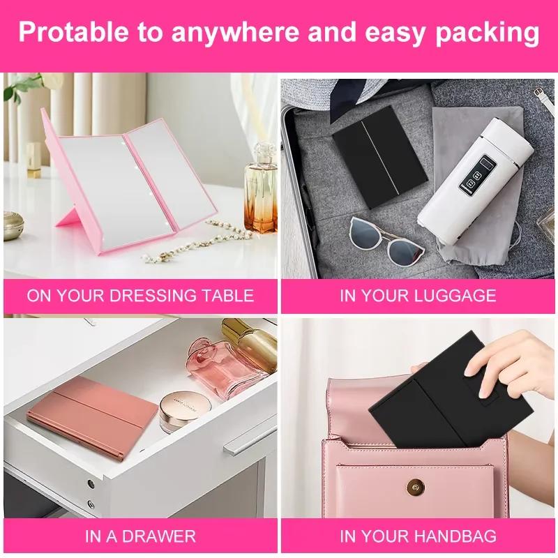 Miroir de maquillage Portable à trois côtés LED, Design pliable, miroir cosmétique de vanité de voya