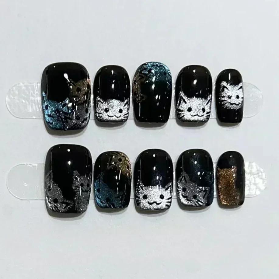 10 pièces noir mignon chat à la main presse sur ongles cristal oeil de chat faux ongles paillettes b