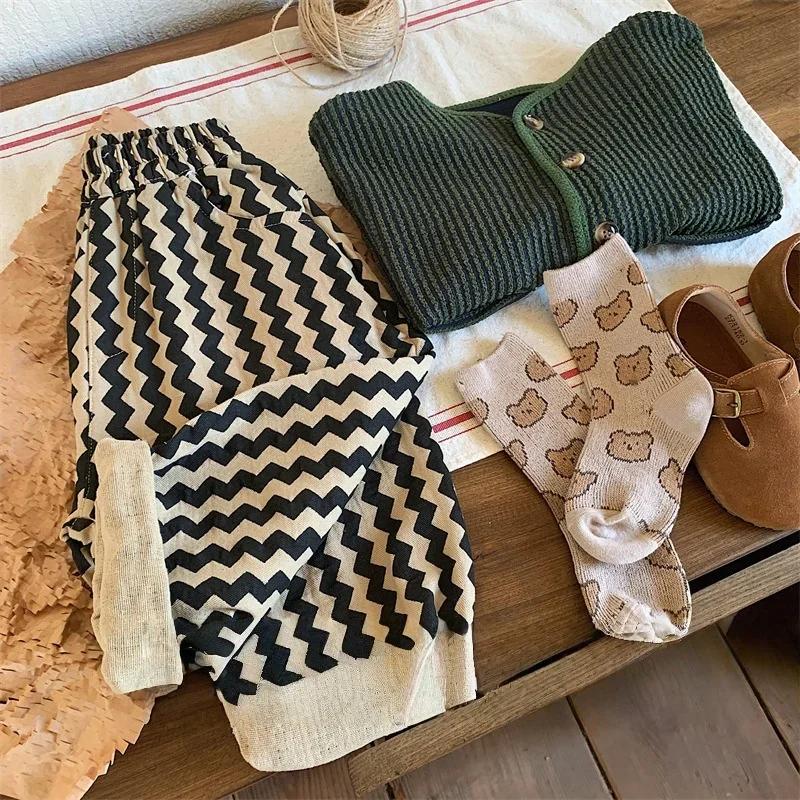 Nouveau pantalon large à rayures zigzag pour enfants, taille élastique, avec poches, pour garçons et