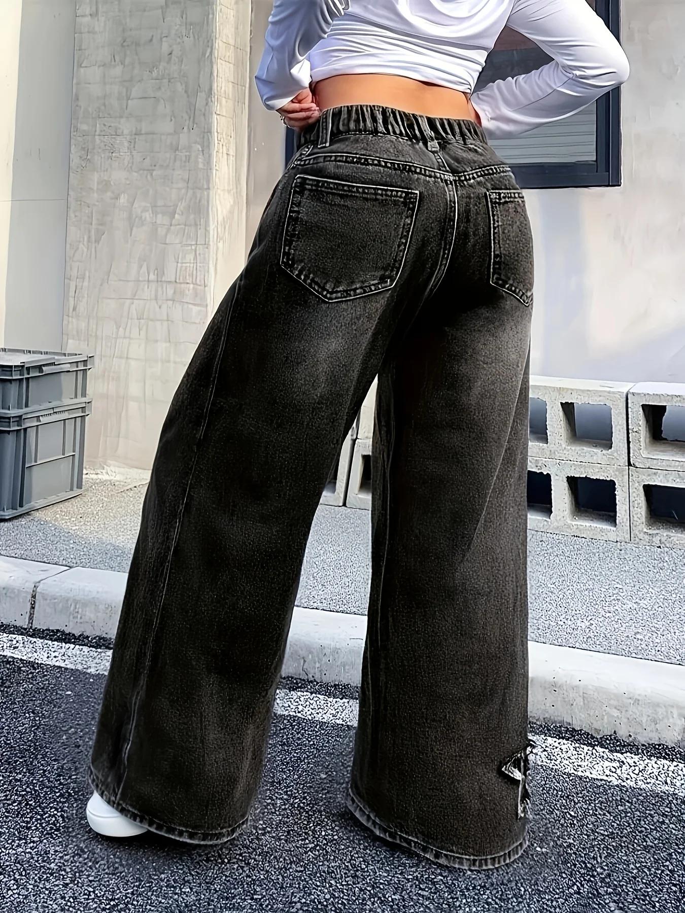 Pantalon en Denim à jambes droites pour filles, tissu délavé Y2K, motif cinq étoiles, Patchwork, pol