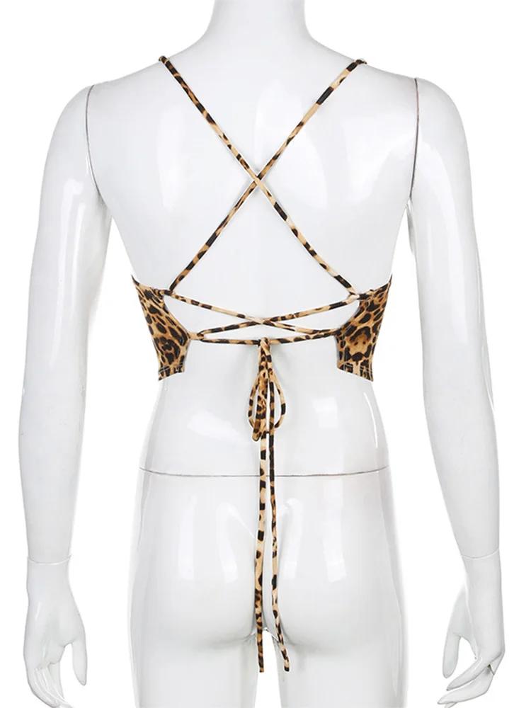 Débardeur à motif léopard pour femmes, dos nu, Sexy, tenues Rave, sans manches, croisé, à lacets, Br