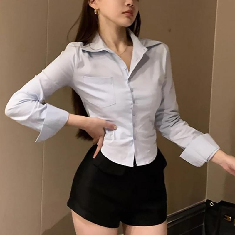 Coréen blanc bureau femmes chemise en mousseline de soie poche bouton revers dames Blouse printemps 