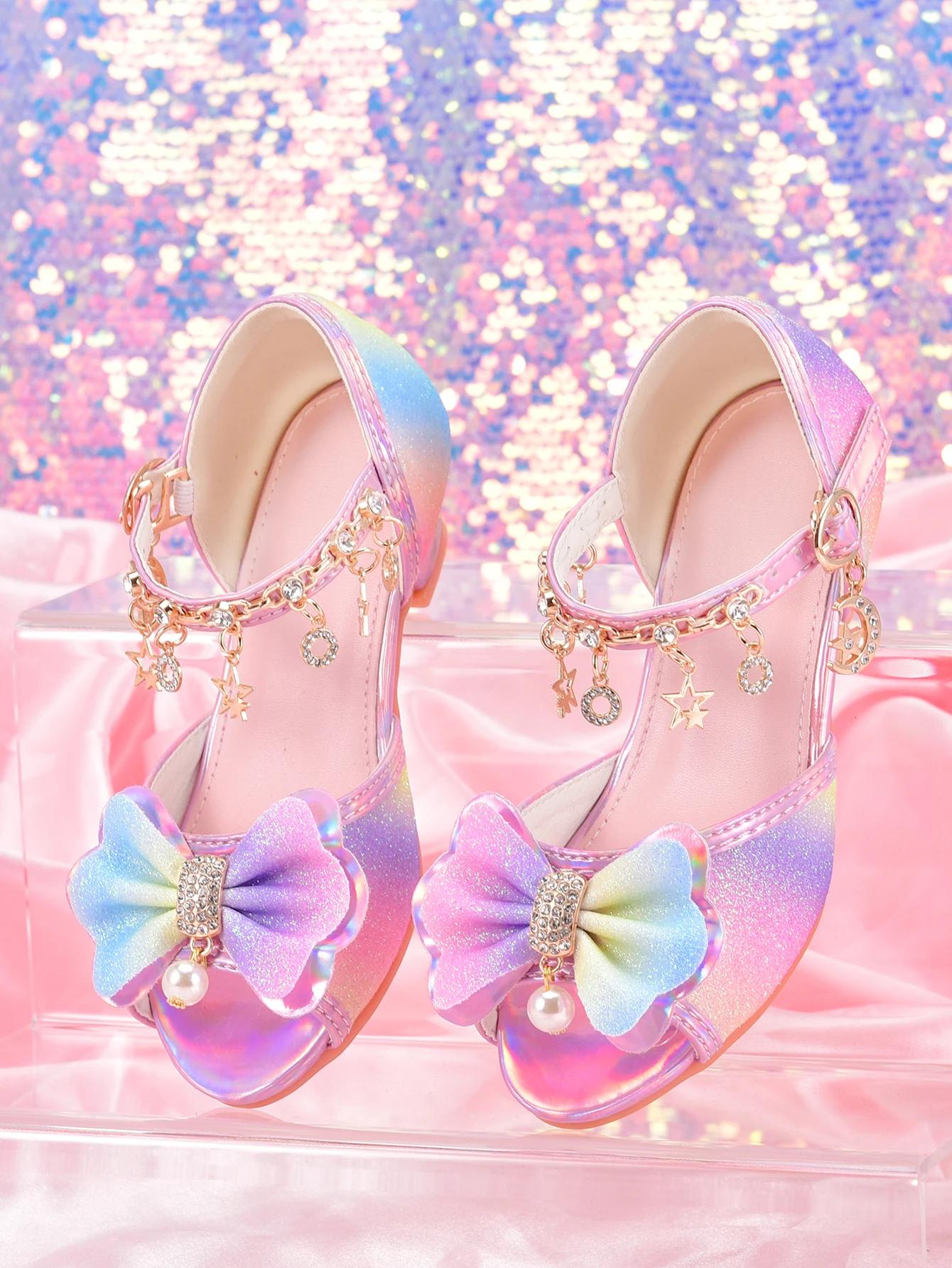 Chaussures à talons hauts à paillettes arc-en-ciel pour filles, sandales de fête pour spectacle de d