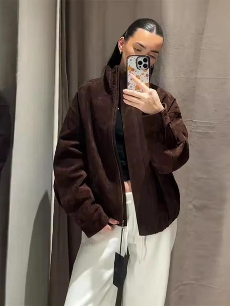 2025 hiver Vintage marron daim vestes amples femmes décontracté col montant poche épais manteau auto