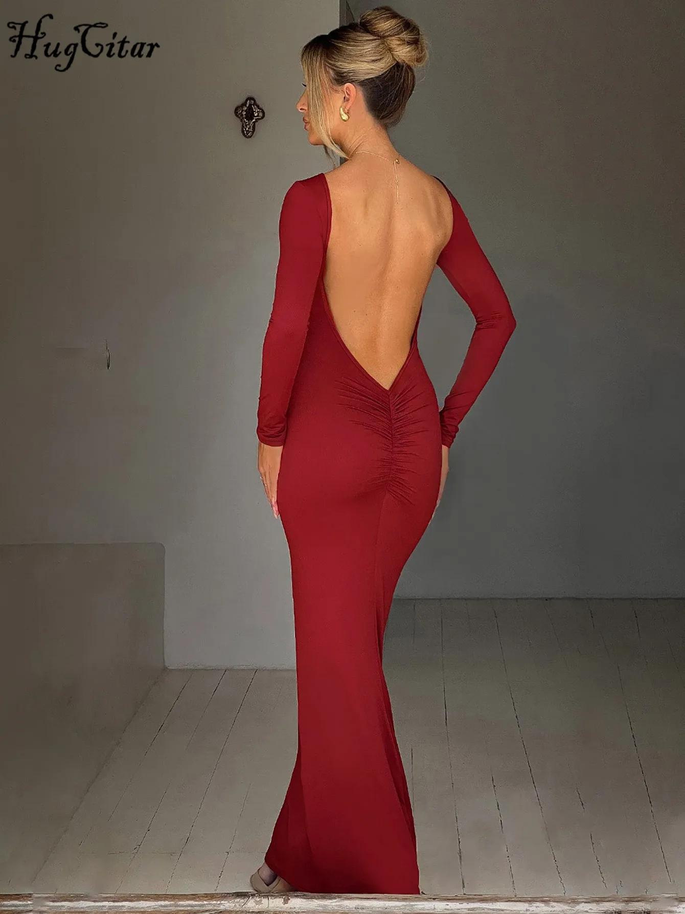 Hugcitar printemps élégant à manches longues dos nu solide froncé Sexy moulante Maxi robe de bal fem