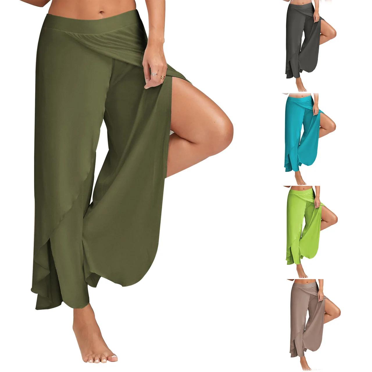Femmes grande taille pantalon à jambes larges ample Fitness danse Yoga pantalon fendu femme élastiqu