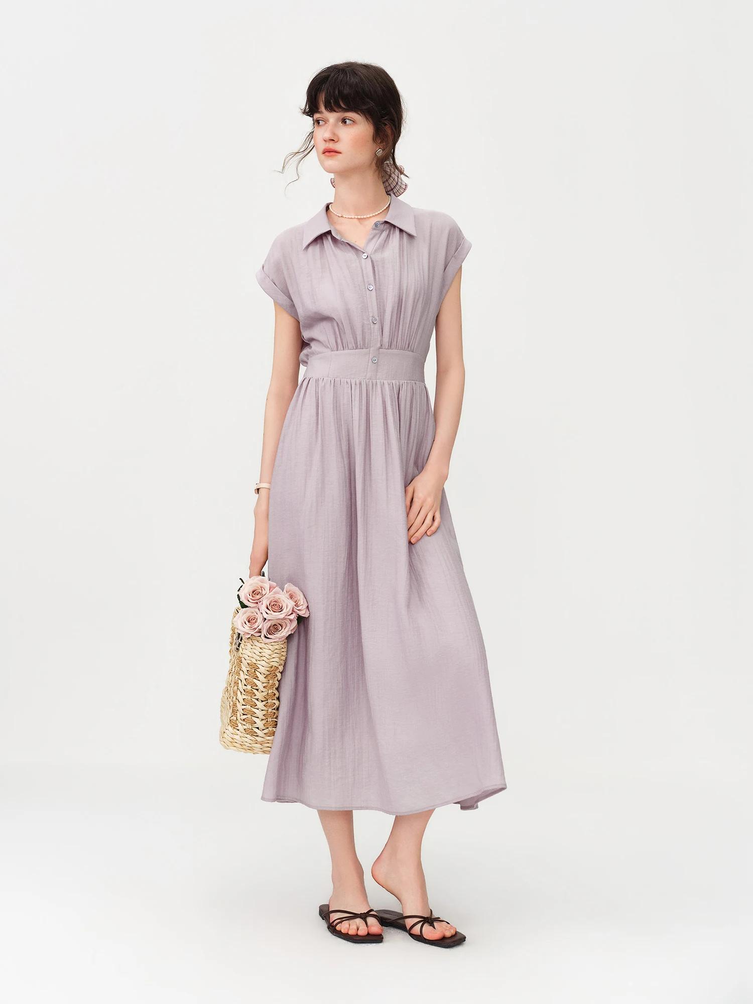 Robe mi-longue en lin coupe trapèze à col rabattu sans manches et taille ajustée en tissu Lyon, nouv