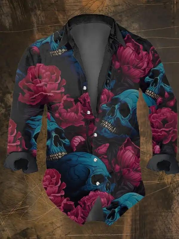 Chemise à manches longues pour hommes, Vintage, imprimé crâne foncé, fête d'halloween, imprimé tête 