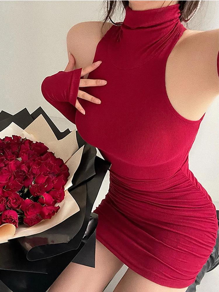 Robe d'été Sexy à col haut, moulante, manches longues plissées, bas enveloppé sur les hanches, moula
