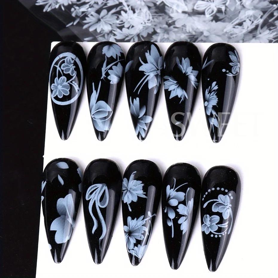 Feuilles autocollantes de transfert d'ongles, 10 rouleaux de pétales de fleurs blanches élégantes, p