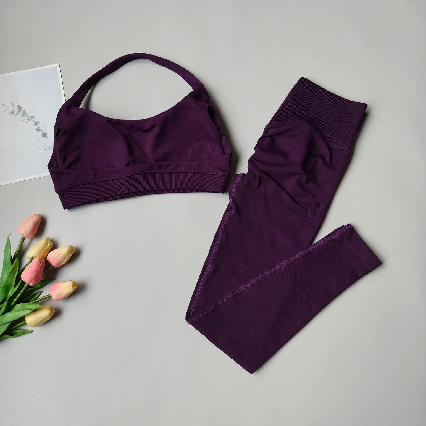 Combinaison de Yoga 2 pièces pour femmes, vêtements de Fitness sans couture, col licou, soutien-gorg