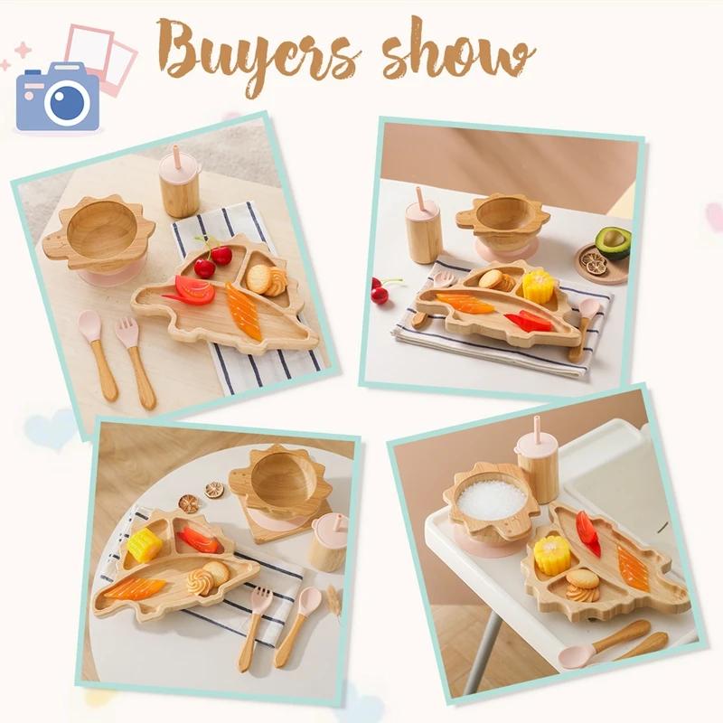 Filles d'Alimentation en Bois de Bambou avec Ventouse en Silicone pour Bébé, Dinosaure de Dessin Ani