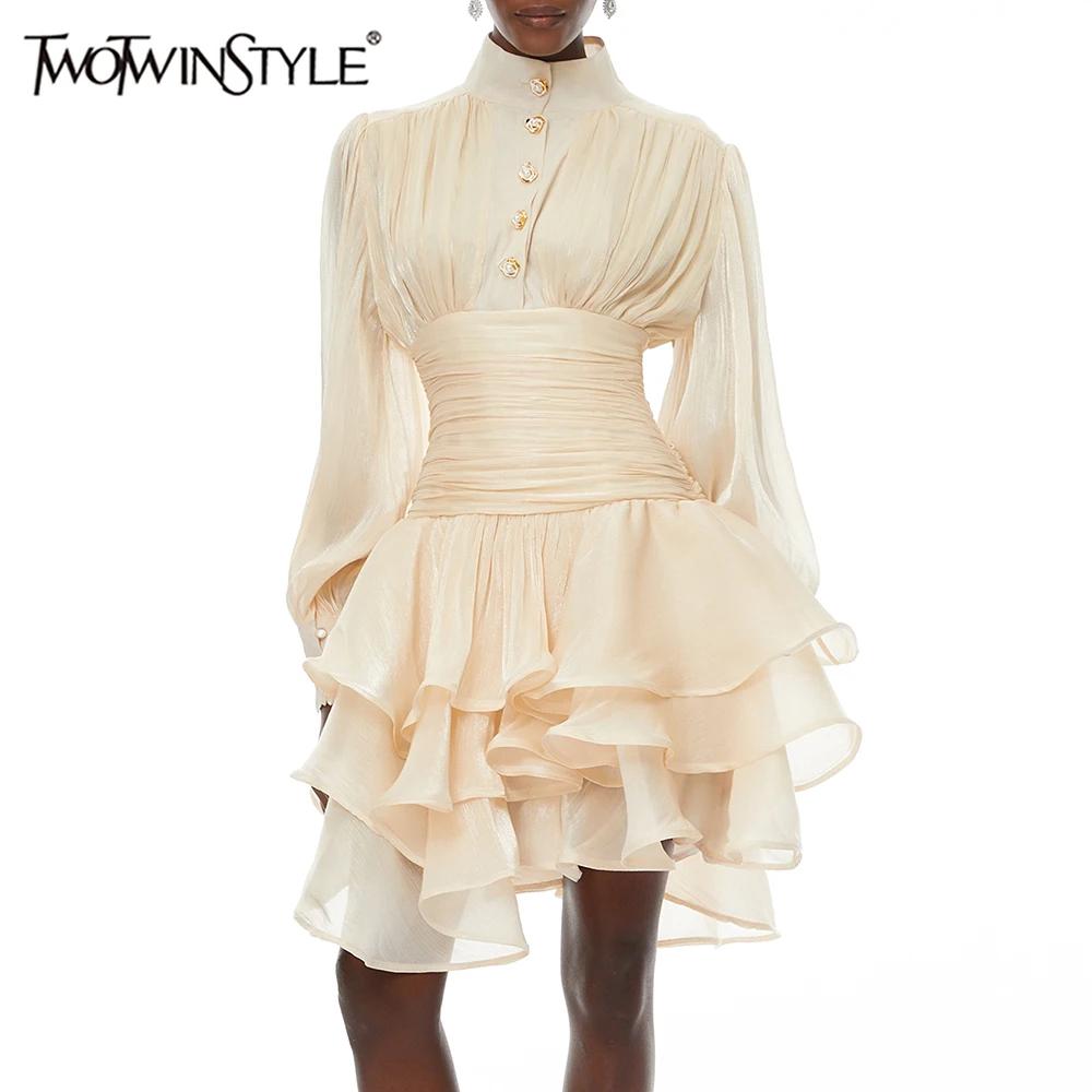 TWOTWINSTYLE élégant minceur épissé volants plis Mini robes pour les femmes col montant manches long
