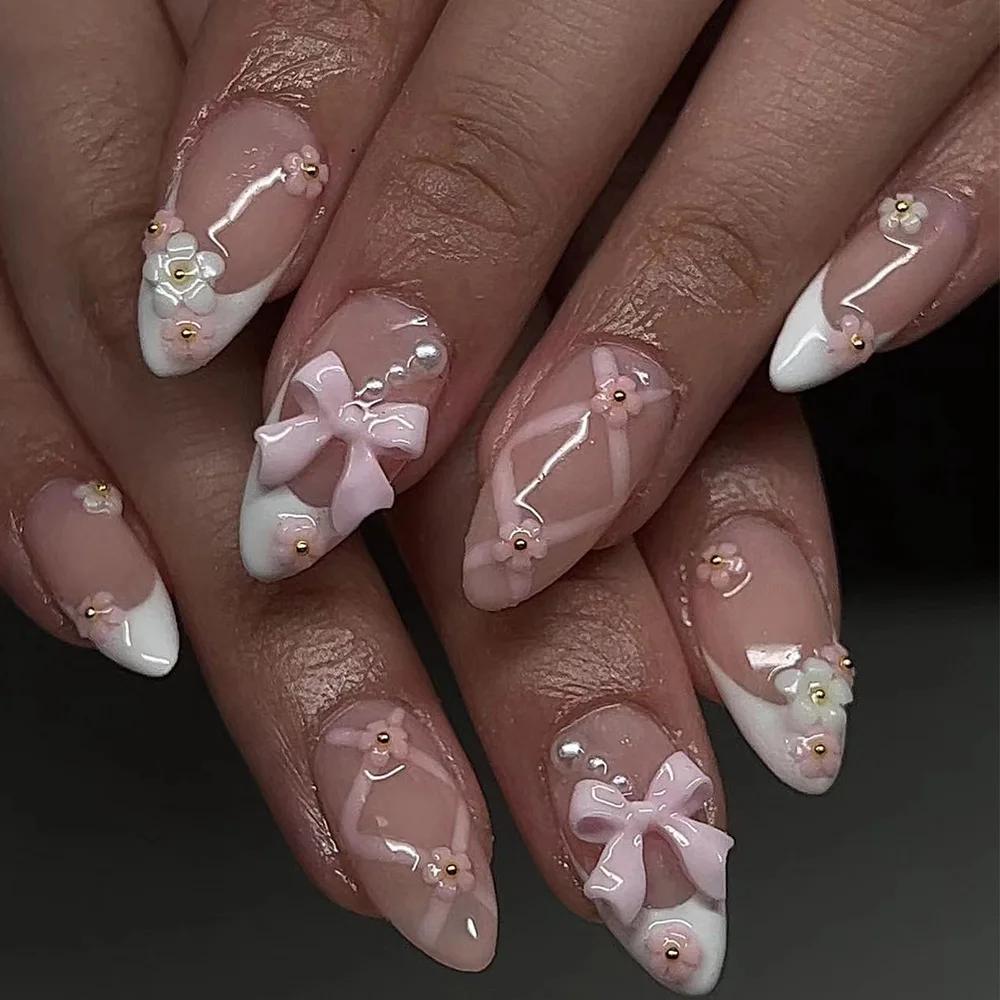 Faux ongles français longs à pression en amande, avec nœud rose, Design floral portable, manucure ov