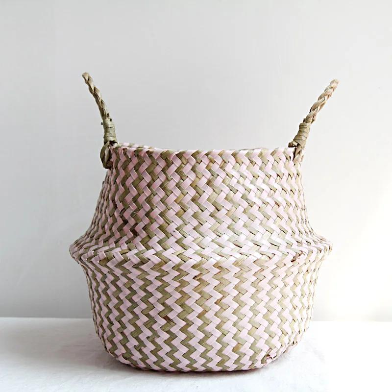 Boho décor rayé osier paniers de rangement à la main pliable panier à linge Patchwork algues fleur v