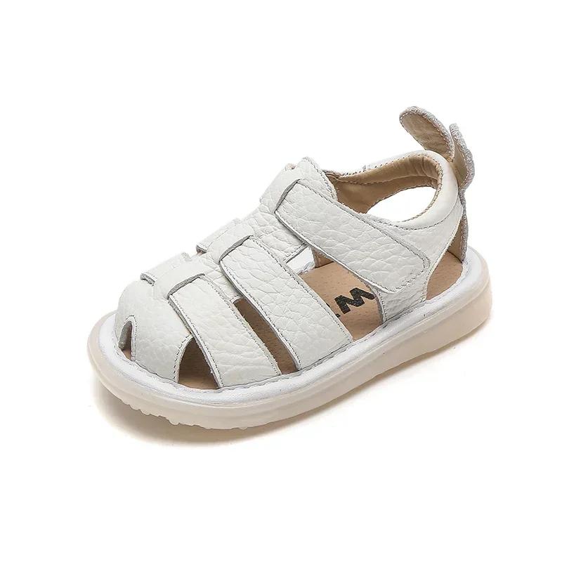 Sandales d'été anti-collision en cuir véritable pour bébé fille et garçon, chaussures de plage soupl