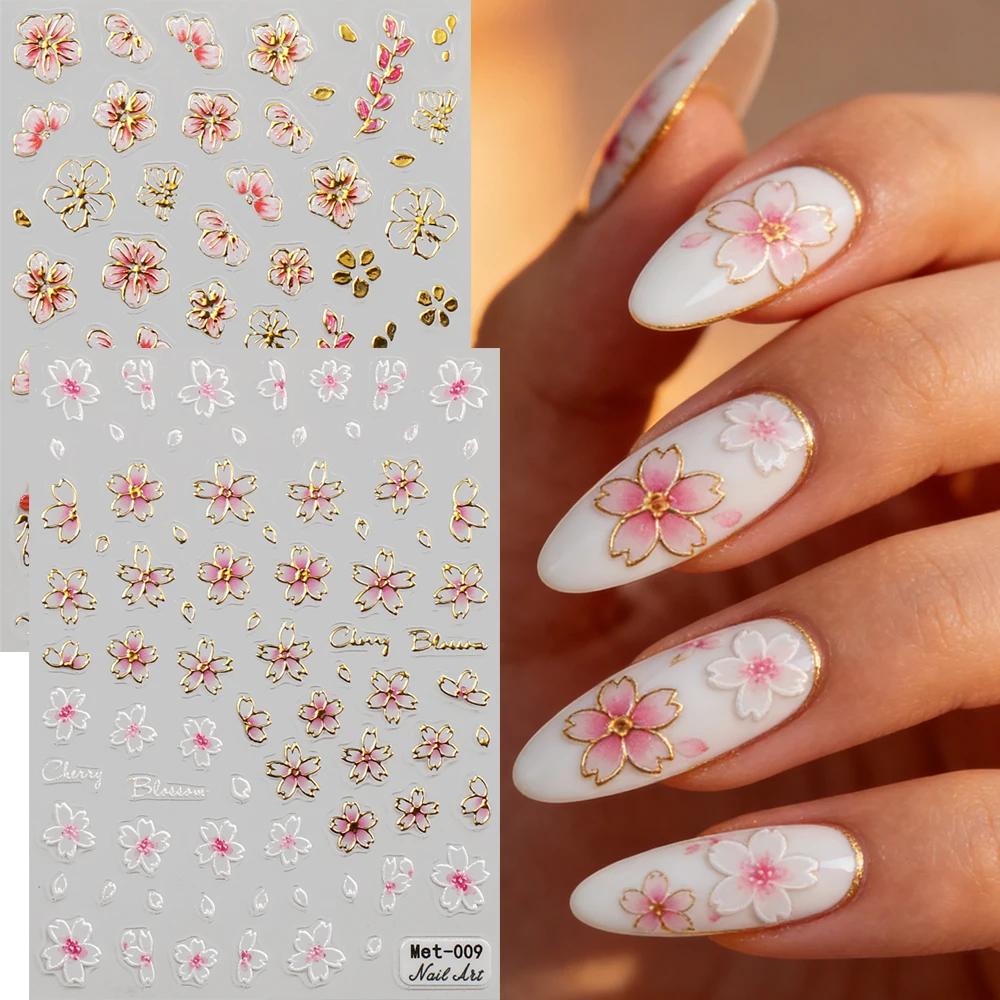 Autocollants 3D pour ongles, motif fleurs de cerisier, fleurs de pêcher, marguerites, feuilles dorée