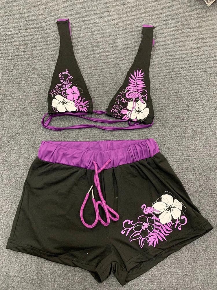 Été plage Ins mode chaude Sexy dames fendu deux pièces Bikini beau Vintage contraste fleur imprimé s