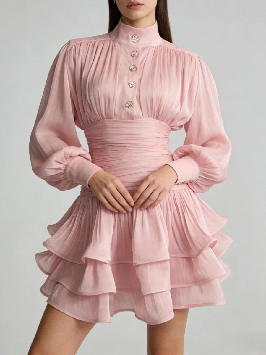 TWOTWINSTYLE élégant minceur épissé volants plis Mini robes pour les femmes col montant manches long