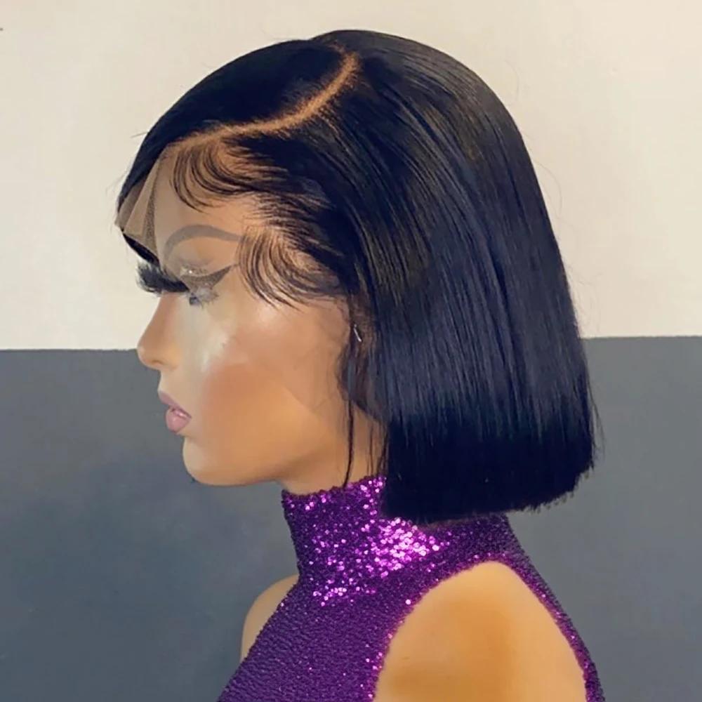 Pas de colle brésilienne HD Transparent 13x4 os droit court Bob sans colle perruques de cheveux huma