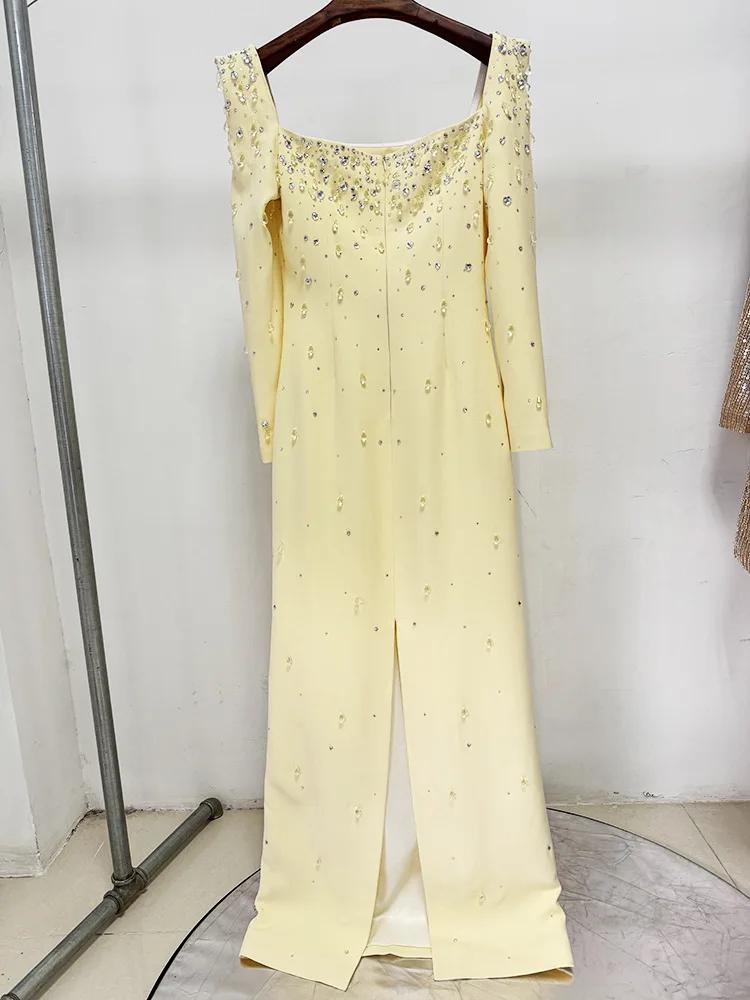 Robe longue maxi pour femme, col carré, perles et diamants, manches longues, nouvelle mode 2026, hau