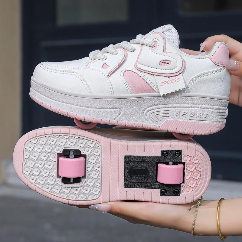 Chaussures de marche respirantes à lacets pour filles, patins de sport rétractables à deux roues pou