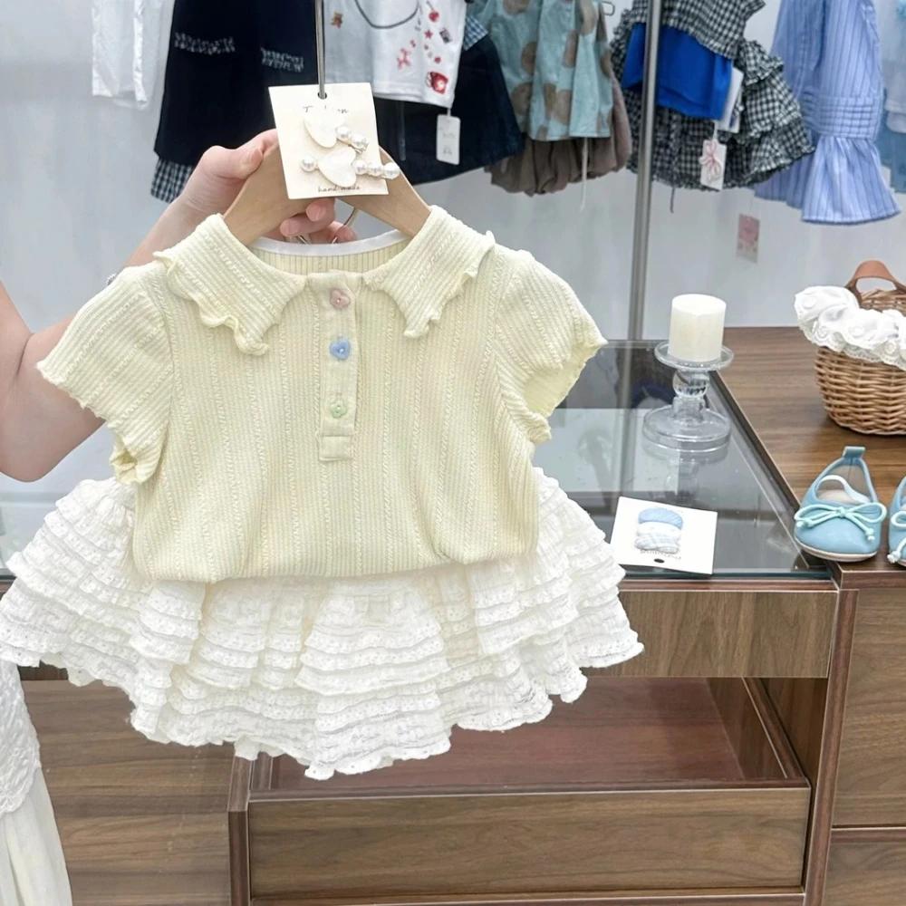Nouvel ensemble d'été pour filles de 2 à 7 ans : haut polyvalent à col, dentelle et demi-manches bou