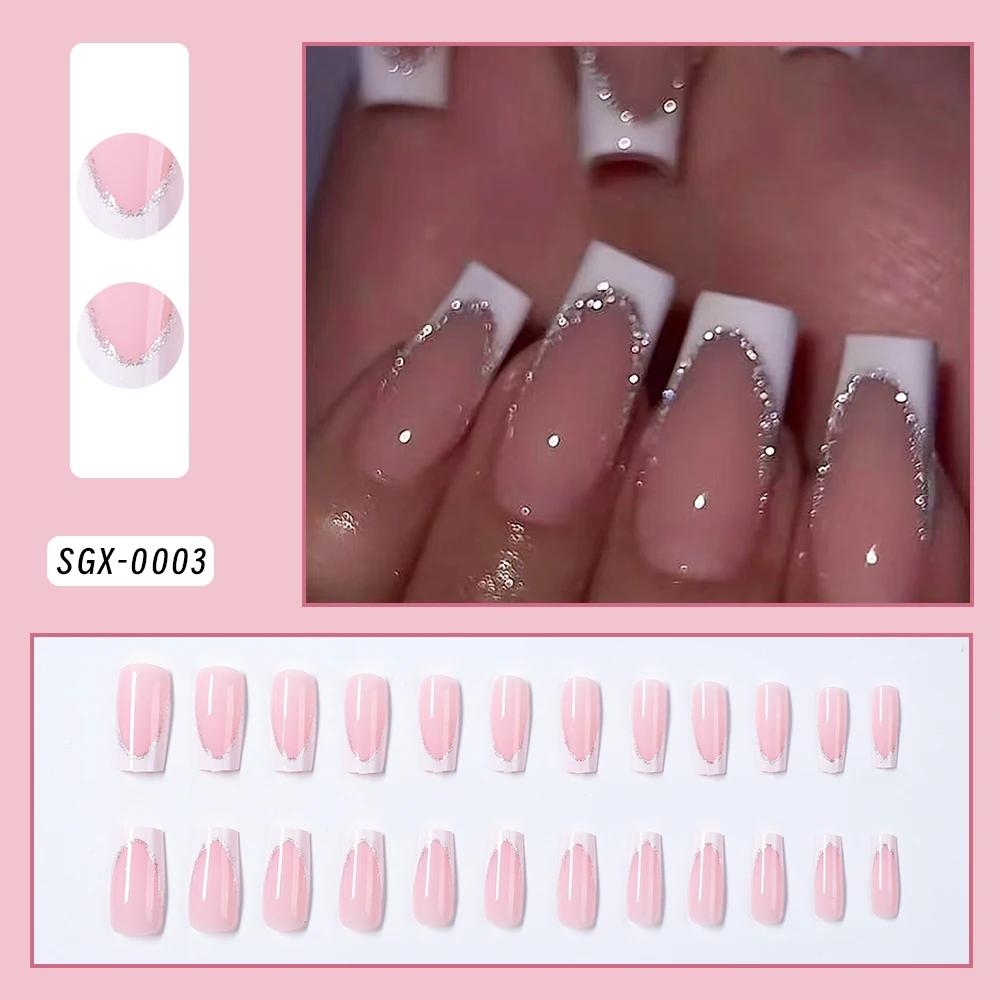 Faux ongles cercueil carrés courts, 24 pièces, à paillettes françaises, portables, couverture complè
