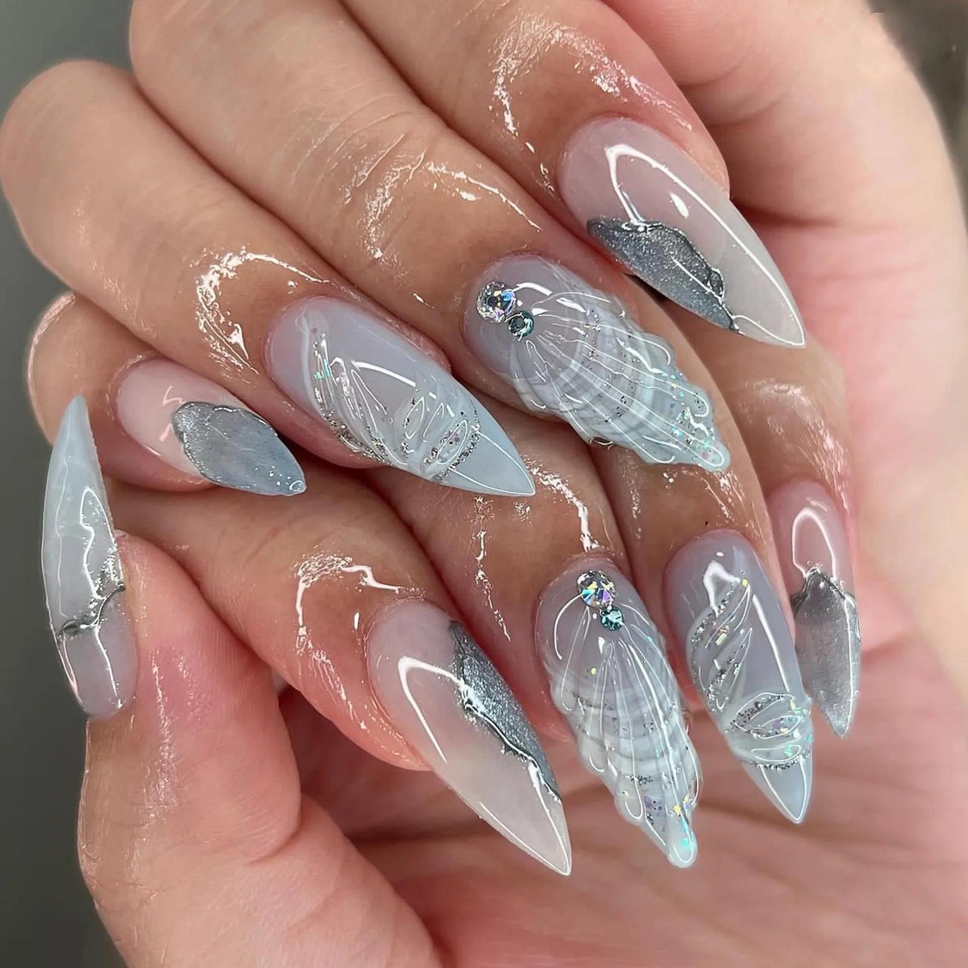 Faux ongles français longs à pression en amande, avec nœud rose, Design floral portable, manucure ov