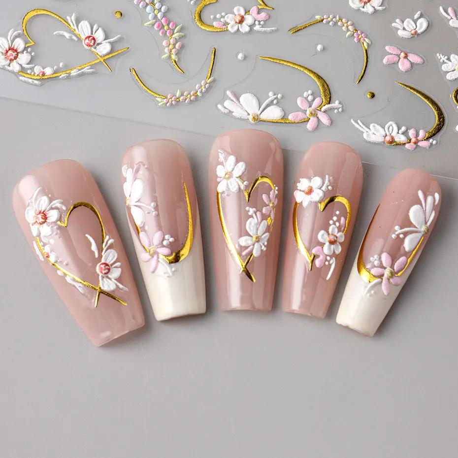 5D en relief Kawaii Floral or ligne curseurs printemps fleurs blanches ongles autocollants bricolage