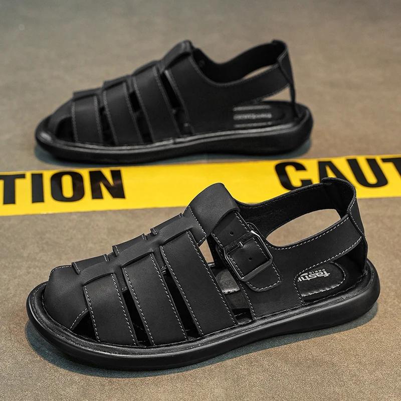 Sandales d'été en cuir de haute qualité pour hommes, chaussures romaines décontractées, chaussures d