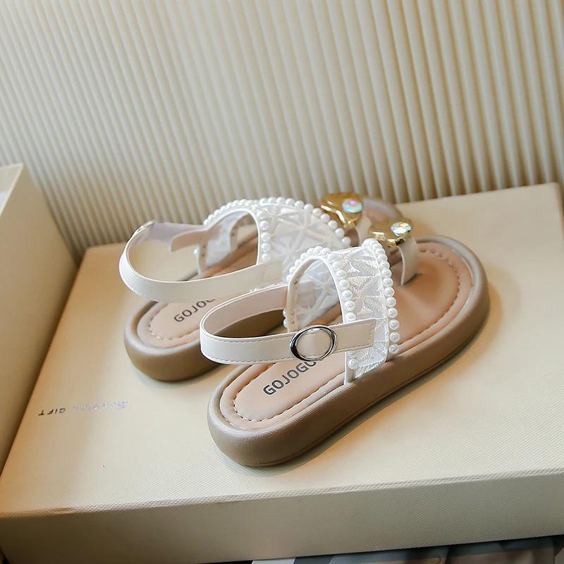 2025 été nouveaux enfants princesse perle Cool pantoufles pour fille anti-dérapant plage sandales or
