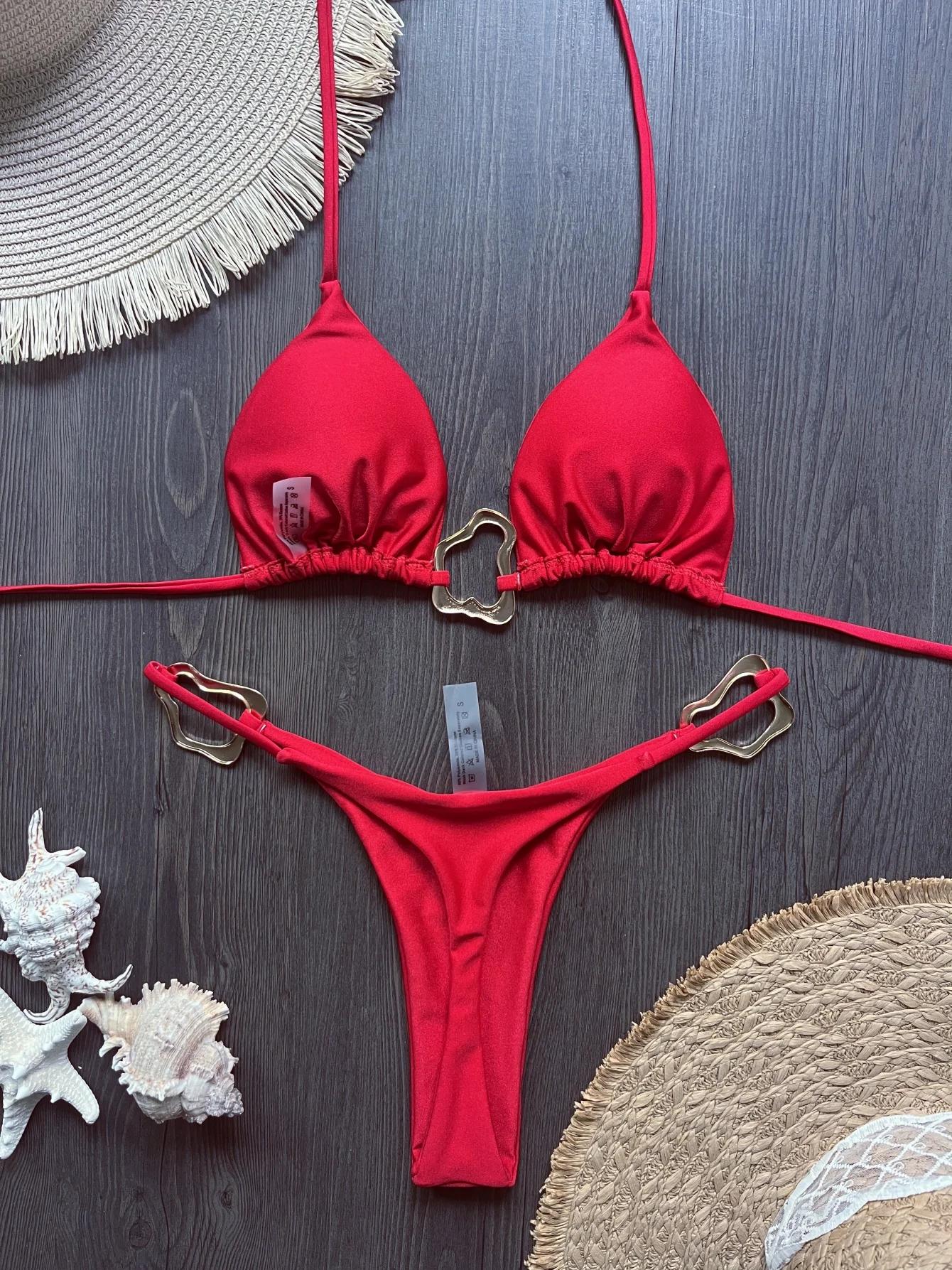 Micro bikini sexy à bretelles 2026 pour femme, maillot de bain uni, ensemble de bikinis string, tenu