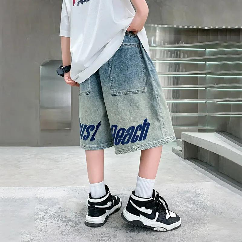 UNITIM – short d'été en coton pour garçons, avec imprimé lettres, short en jean élégant pour enfants