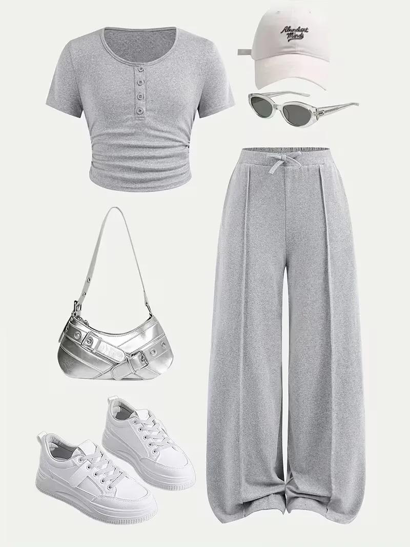 Ensemble 2 pièces en tricot gris pour filles – Haut court froncé à boutons sur le devant et pantalon