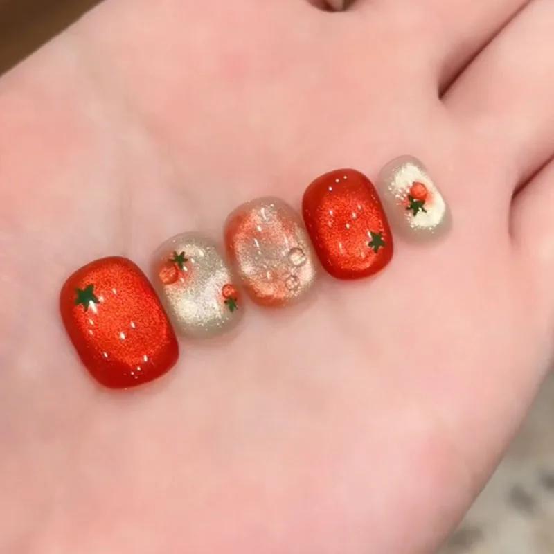 10 pièces ongles à pression courts ovales rouges festifs avec un design de tomate mignon finition br