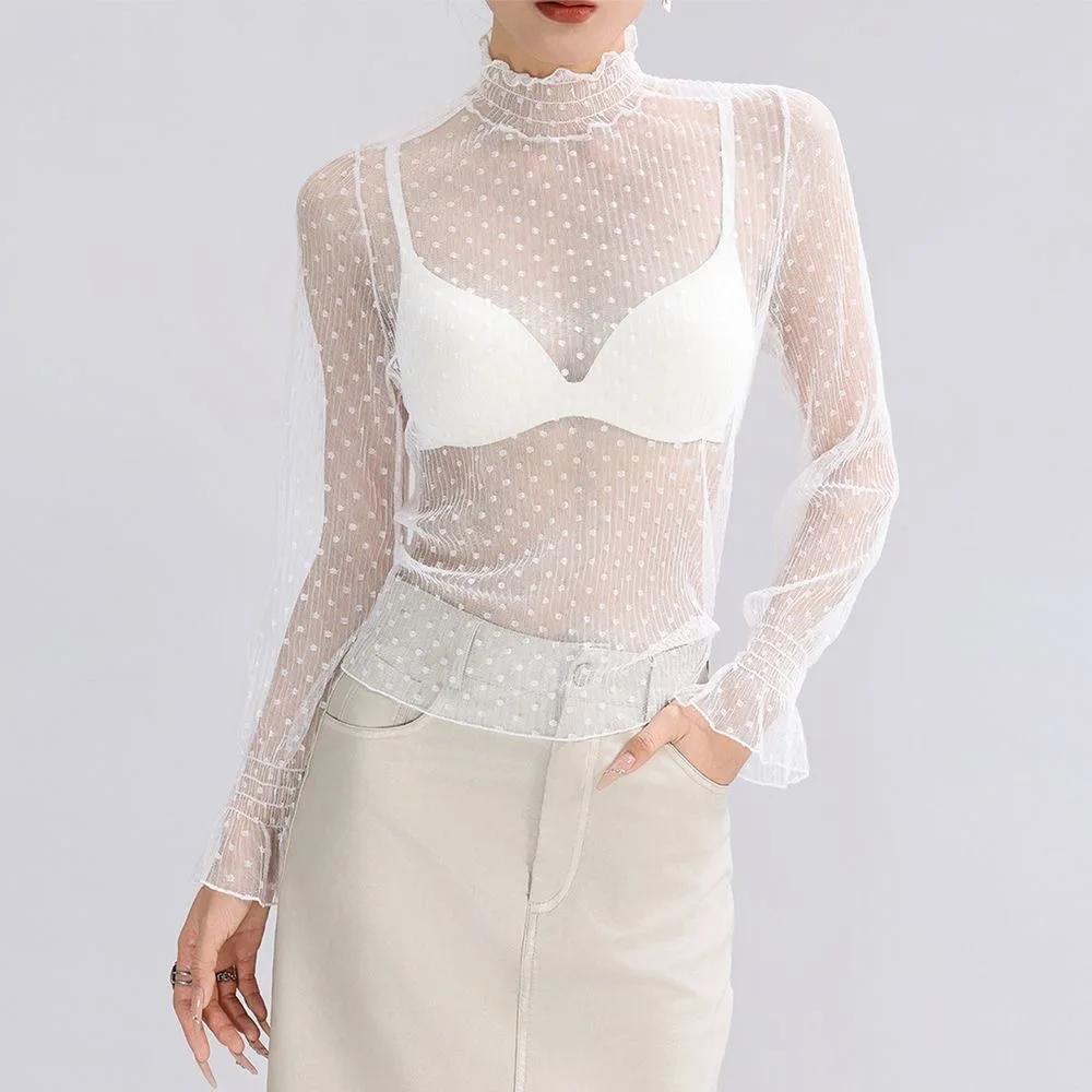 Femmes Sexy maille T-Shirts dentelle transparente Blouse à manches longues voir à travers les hauts 