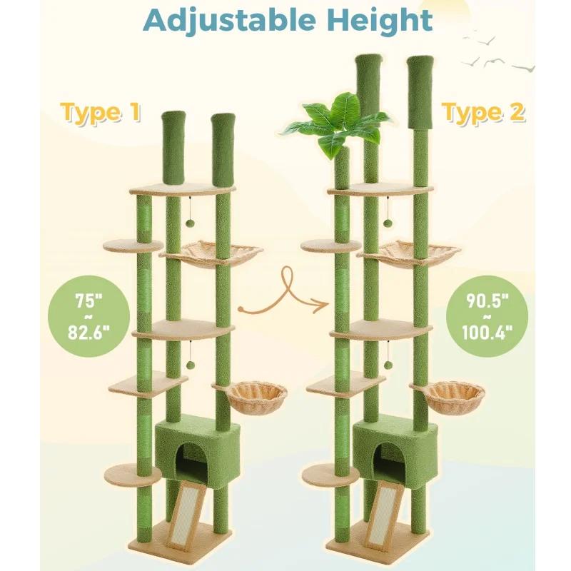Grand arbre à chat du sol au plafond, tour d'arbre à chat réglable avec condo pour chat, hamac et gr